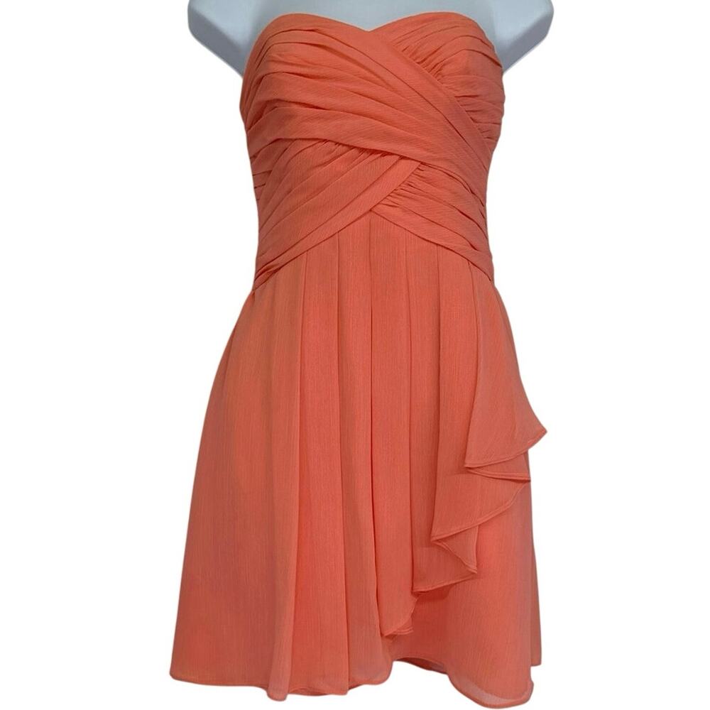David's Bridal chiffon dress w/pleated sweetheart neck & cascade ruffled